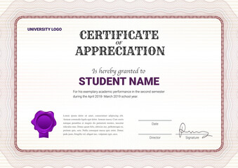 Certificate or diploma template with guilloche style in vector illustration.