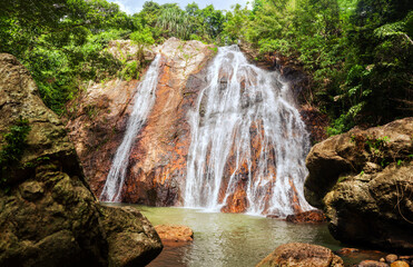 Na Muang Waterfall Koh Samui Island Thailand, Namuang Waterfall, falling water stream, mountain rocks landscape, tropical jungle forest, summer sunny day, tourism, travel, vacation, tourist attraction