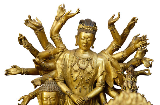 Multi armed Shiva statue isolated on white background with clipping path. Buddha statue with many arms in a Buddhist temple