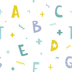Cute abstract letters pattern. Doodle seamless print with alphabet and geometric shapes.