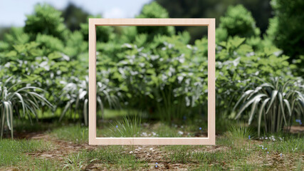 abstract background of mockup wooden frame with grass for product presentation, 3D illustration rendering