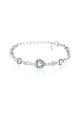 Subject shot of a metal silver rhinestone bracelet with green crystals shaped as hearts. The stylish elegant bracelet with lobster clasp is isolated on the white background.