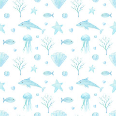 Ocean creatures watercolor cute seamless pattern with whales, fish, seashells isolated on white background. Perfect for kids textile, fabric, covers.  Soft light colors. 