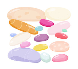 Zen stones. Glassy set. Pebbles of different colors. Vector illustration on a white background.