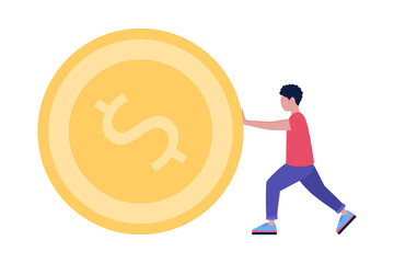 Character pushing a large coin