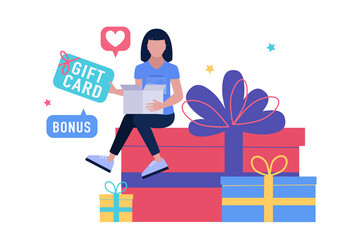 Character is sitting on a large gift and holding a gift card