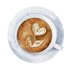 Watercolor cup of coffee with heart pattern in a white cup top view