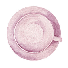 Watercolor empty pink coffee cup in saucer on white background