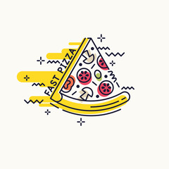 Drawing of pizza. A slice of fresh delicious pizza. A poster with a picture of food.