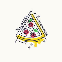 Drawing of pizza. A slice of fresh delicious pizza. A poster with a picture of food.
