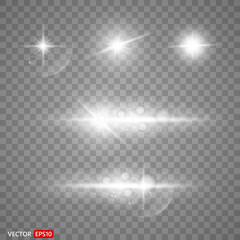 Shining star, the sun particles and sparks with a highlight effect, color bokeh lights glitter and sequins. On transparent background. Set. Vector, EPS10	
