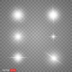 Shining star, the sun particles and sparks with a highlight effect, color bokeh lights glitter and sequins. On transparent background. Set. Vector, EPS10	
