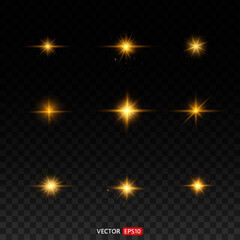 Fototapeta na wymiar Shining star, the sun particles and sparks with a highlight effect, color bokeh lights glitter and sequins. On transparent background. Set. Vector, EPS10 