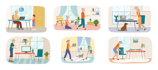 Set of illustrations about elderly people dealing with laptop at home. Senior men and women working with gadgets. Mastering modern technologies, freelancing with computer vector illutration