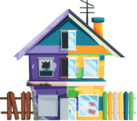 Home renovation, house before and after repair. New and old suburban cottage. Remodel construction. Old run-down house remodeled into cute traditional suburban cottage. Building maintenance service
