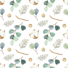 Hand painted watercolor seamless pattern Cotton and Eucalyptus