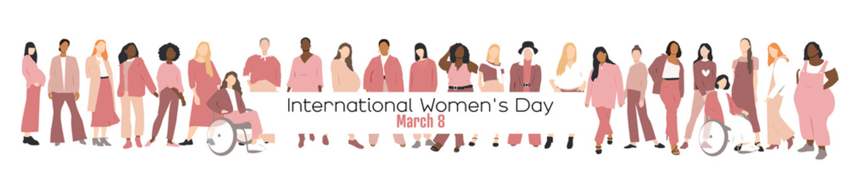 International Women's Day banner. Women of different ethnicities stand side by side together.
