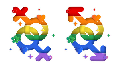LGBTQIA+ Gender Sign Symbol Abstract White Paper Lively Flower Heart Sparkle Shine Pride Month Rainbow ​Colorful Red Orange Yellow Green Blue Purple Violet Lilac 3D Layer Line Cutout Card Web Banner