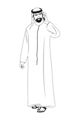 Standing male in United Arab Emirates traditional dress speaking on a smart phone, black and white vector illustration