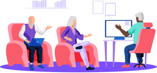 Elderly people and modern digital technology pensioners men sit at computer studying on courses with coach. Concept of remote work from home, distance learning, freelance for retired people