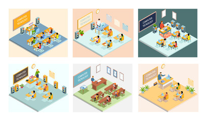 School education isometric with teacher and pupil at lesson. Learning process in classroom. High school isometric people composition with class room interior and characters of teacher and students