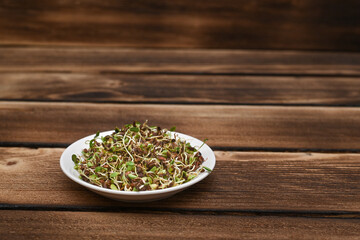sprouted flax seeds on a natural wooden background in a plate.