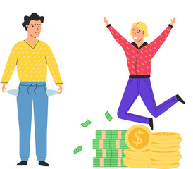 Richness and poverty concept with poor man shows empty pockets and millionaire. Man jumps enjoys wealth. Successful character has fun, rejoices in prosperity. Financial superiority, social inequality