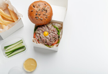 Set of modern takeaway meal, healthy food from restaurant, COVID-19 pandemic, delivery