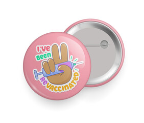 I have been revaccinated metallic 3d pin badge. Immunization campaign round glossy pin button, hand with syringe showing victory sign realistic vector illustration isolated on white