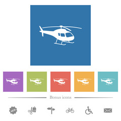 Helicopter silhouette flat white icons in square backgrounds