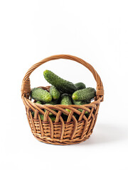 Fresh cucumbers in a wicker basket.