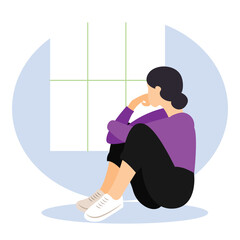 A woman thinking beside the window flat design concept.