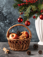 Christmas still life. Apples in a basket, a bouquet of spruce branches in a vase. Candlestick, cinnamon. Gingerbread.