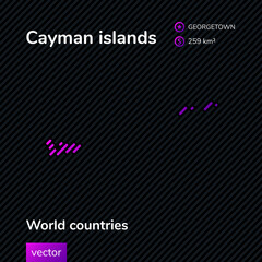Vector neon flat map of Cayman islands with violet striped texture on black background.