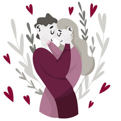 Romantic concept. Couple in love embracing together and smile. Two hugging lovers. Happy Valentines Day 14 February card. Vector illustration.