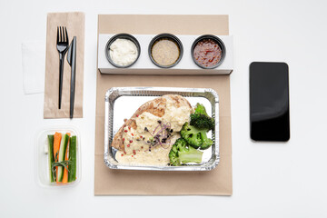 Restaurant menu ad, modern healthy food delivery service to home or office, lunch for worker