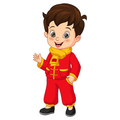 Cartoon happy chinese boy waving hand