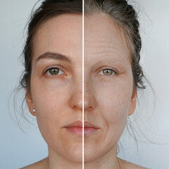 Comparison. Portrait of a beautiful woman before and after the disease. Youth, old age. Process of aging and rejuvenation