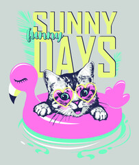 Happy cat kitten face in sunglasses floats on pink flamingo rubber ring. Vector illustration. Print for t shirt.