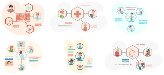 Otolaryngologist medical poster. Set of scenes and actions on topic of otolaryngology. Group of doctors use medical supplies to treat patients. Physician specializes in diagnosis and treatment