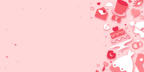 Wedding day. Wedding timeline. Church, I do, Toast. Dance. Happe Valentine s day. Happy holidays and honeymoon in paper cut style. Space for text. Pink color