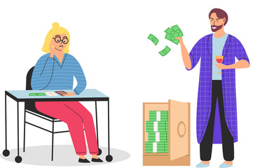 Smiling businessman standing near safe full of money. Rich man hold dollars bills in his hand, and poor woman counts savings on calculator. Richness and poverty concept. Income, high earnings in cash