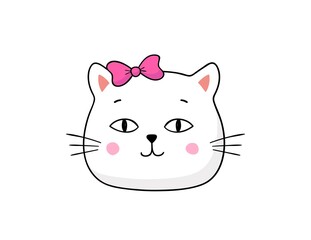 Hand-drawn cat face with bow. Vector cartoon kitty head.