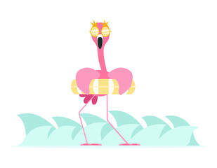 Funny flamingo with a swimming circle. Beach party.