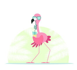 Funny flamingo with a tropical cocktail. Beach party.