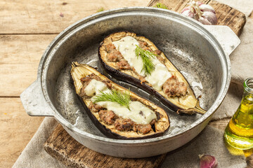 Stuffed eggplant ready to eat with ground meat, vegetables, and spices