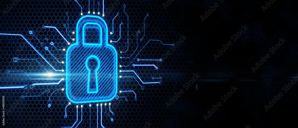 Poster abstract glowing blue padlock circuit hologram on dark background with mock up place. internet, info