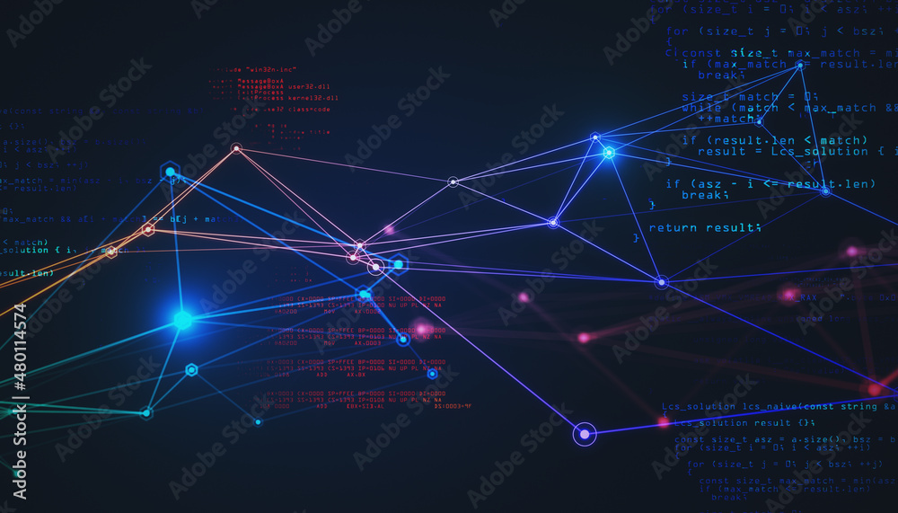 Fototapete Abstract coding interface with glowing digital lines on dark background. Information, network and security concept. 3D Rendering.