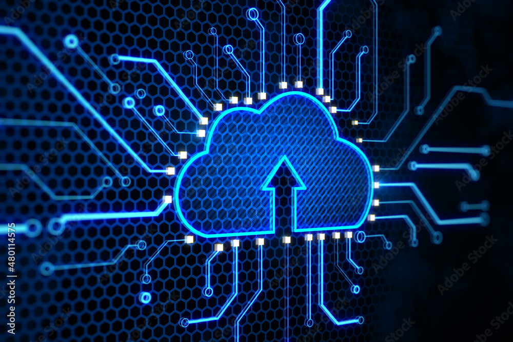 Fototapete abstract glowing cloud and chip interface on dark background. cloud computing, technology and databa