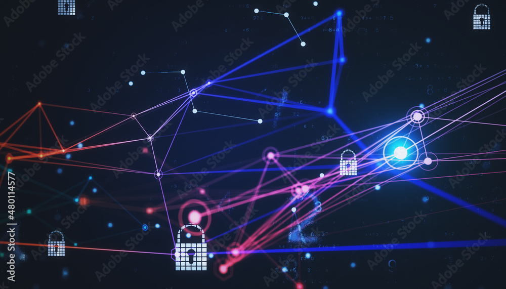 Aufkleber Abstract coding interface with glowing digital lines on dark background with padlock. Information, network and security concept. 3D Rendering.